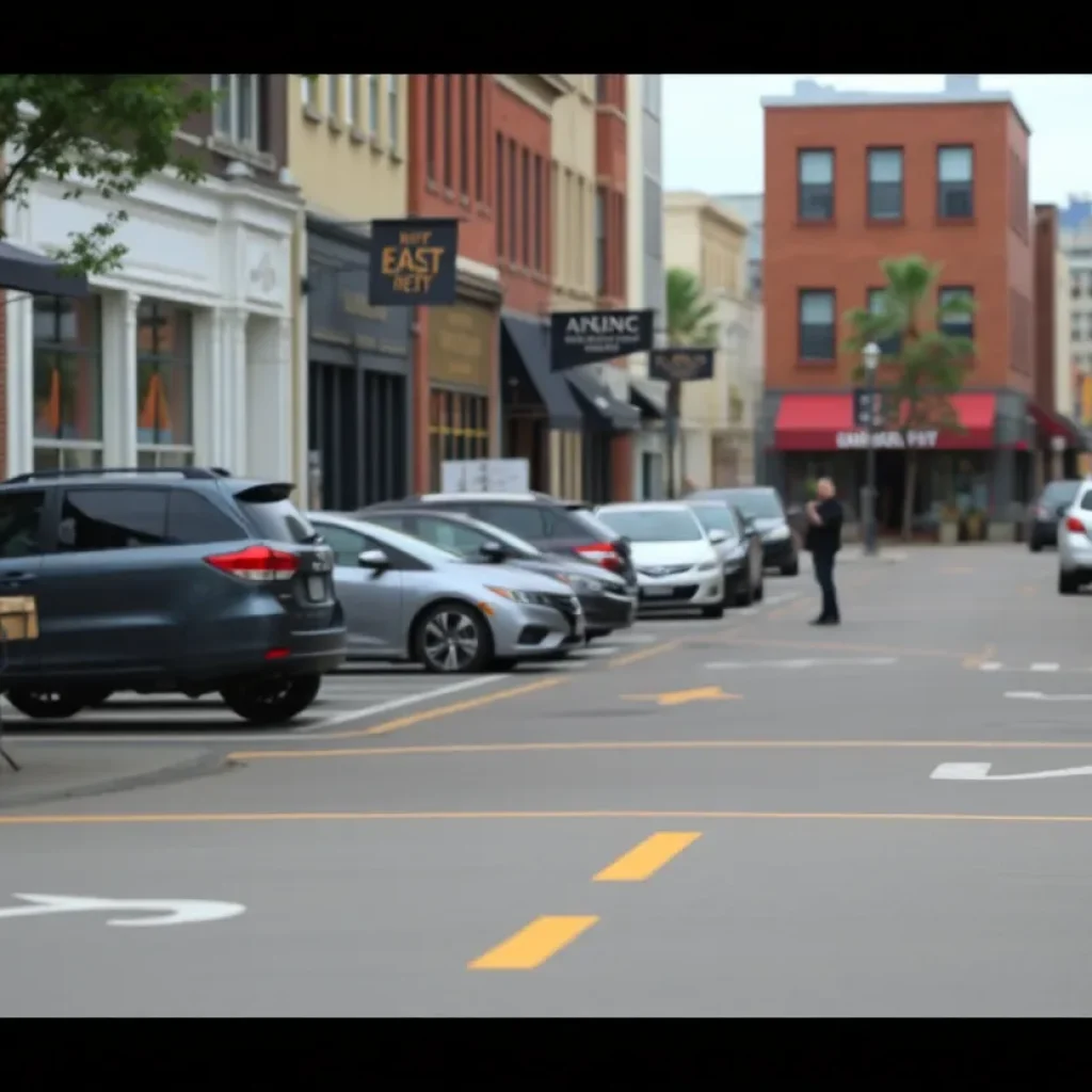 An image of downtown Augusta highlighting local businesses and street parking areas.