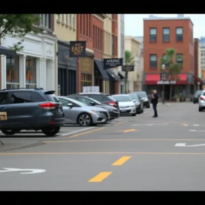 An image of downtown Augusta highlighting local businesses and street parking areas.