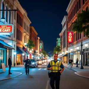 Police patrol in downtown Augusta at night