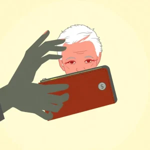 Illustration showing shadows of hands reaching towards an elderly wallet, depicting elder financial exploitation.