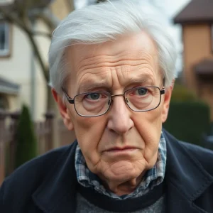 Concerned elderly man in front of a house
