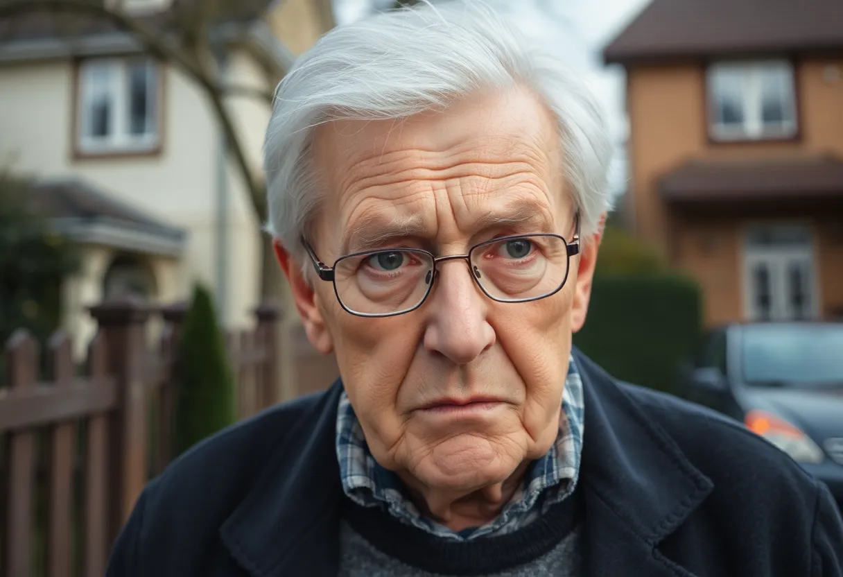 Concerned elderly man in front of a house