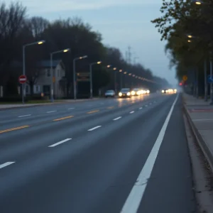 A somber empty road in Augusta with bike lanes.