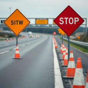 Scene of a highway accident with caution signs