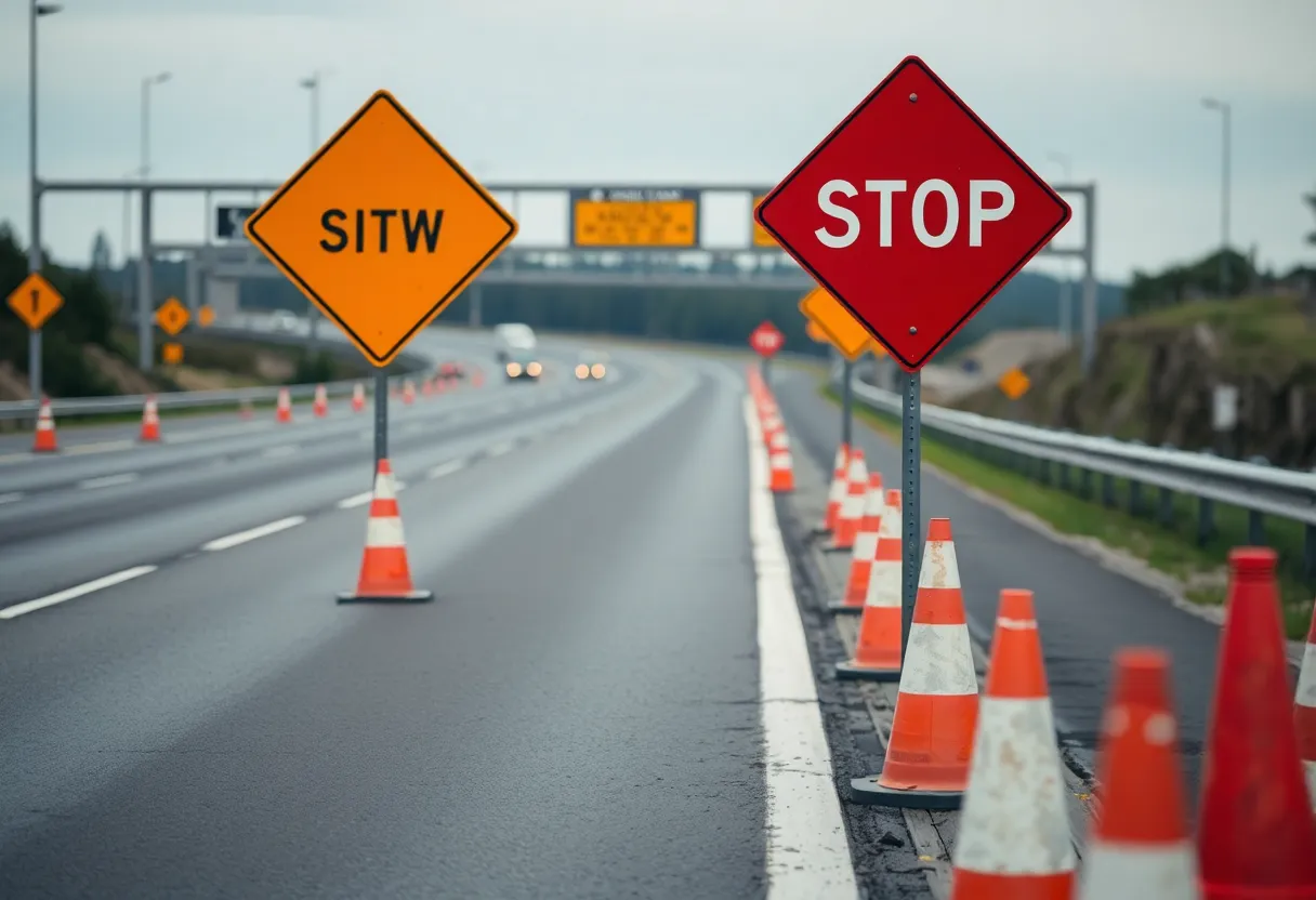 Scene of a highway accident with caution signs