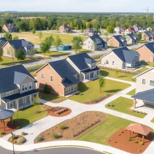 Rendering of the Ferguson Farms subdivision with homes and amenities