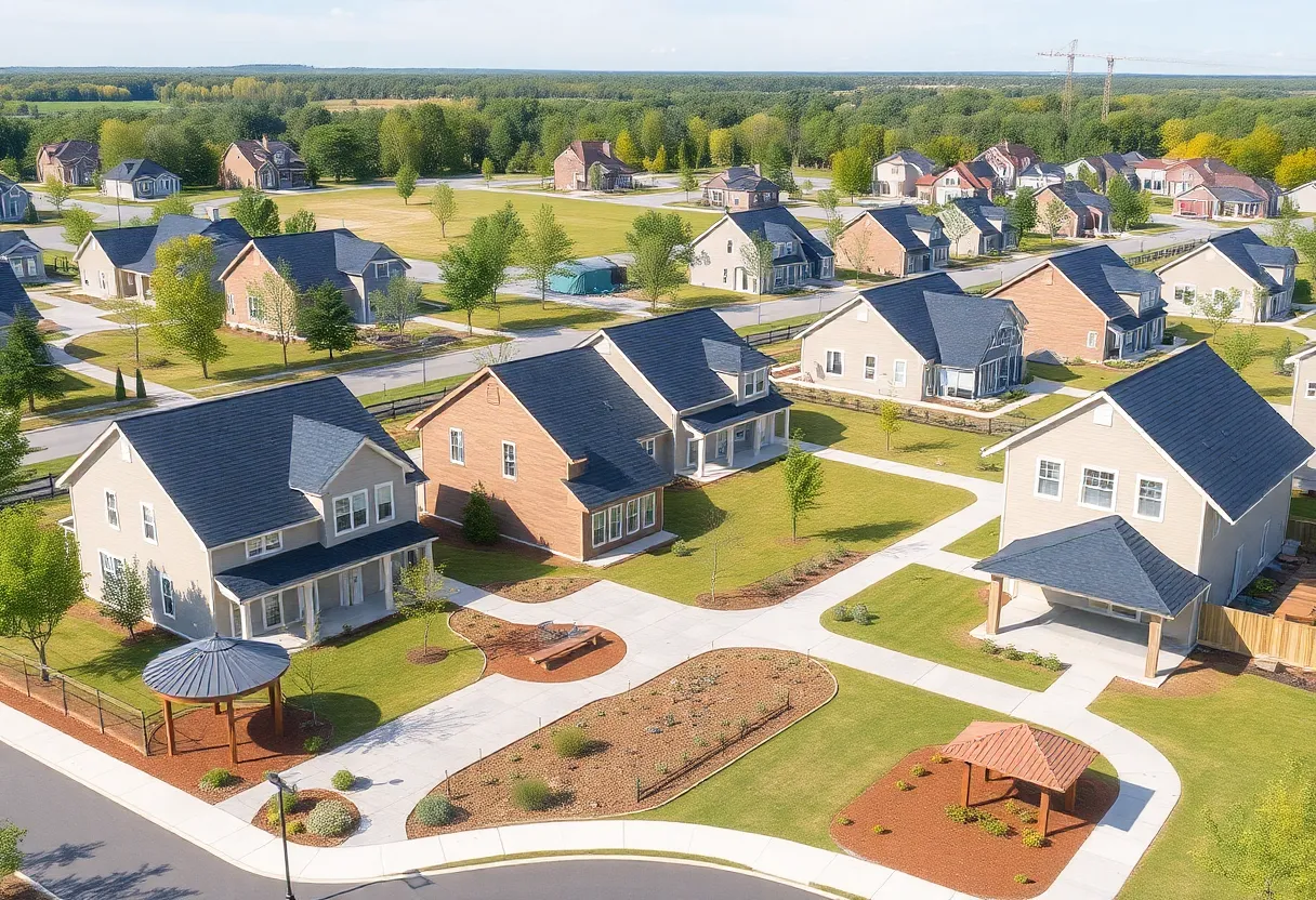 Rendering of the Ferguson Farms subdivision with homes and amenities