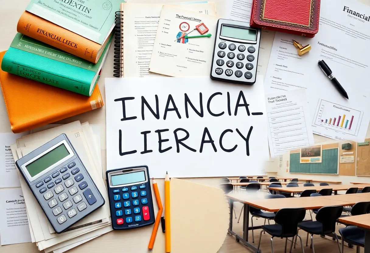 A collage depicting financial literacy resources