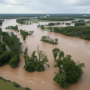 Aerial view of flood-affected areas in South Carolina with submerged fields and roads.