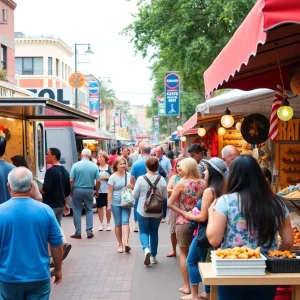 Food trucks and festival-goers in downtown Aiken during the Foodees Festival