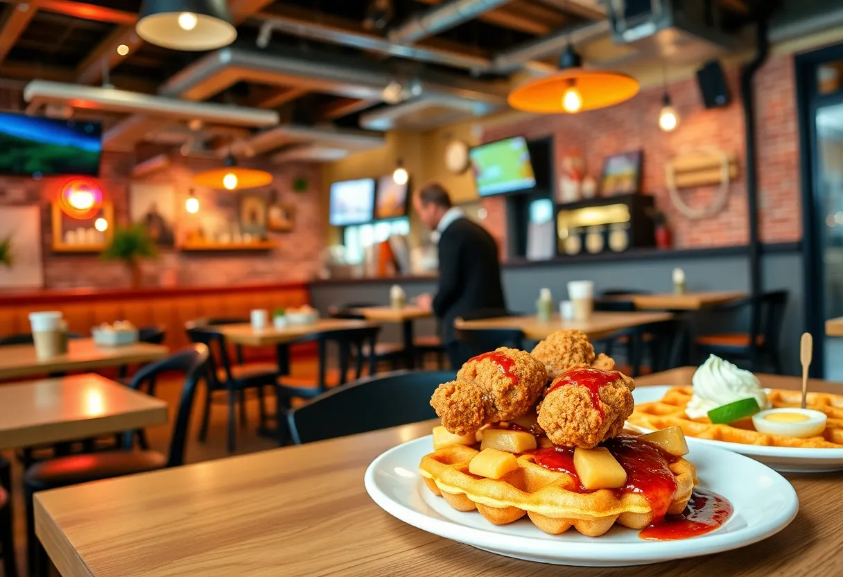 Interior view of Frog & The Hen restaurant showcasing comfort food dishes.