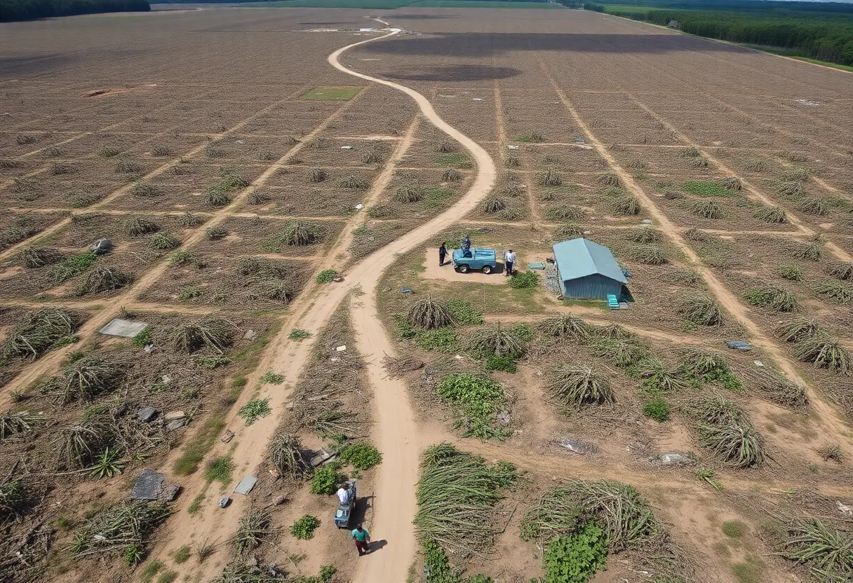 Aerial view of agricultural fields in Georgia affected by Hurricane Helene, showing farmers assessing damage.