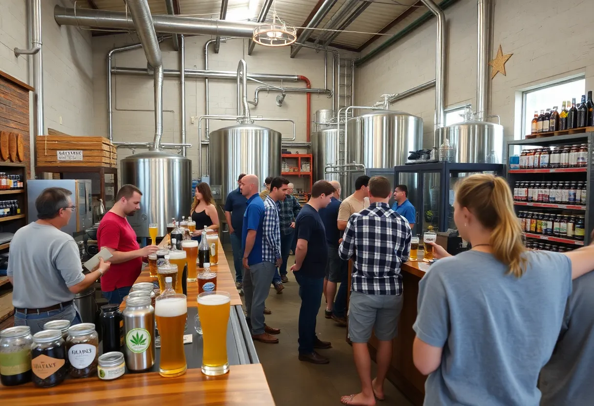 Customers at a Georgia brewery exploring beer and hemp-based beverages.