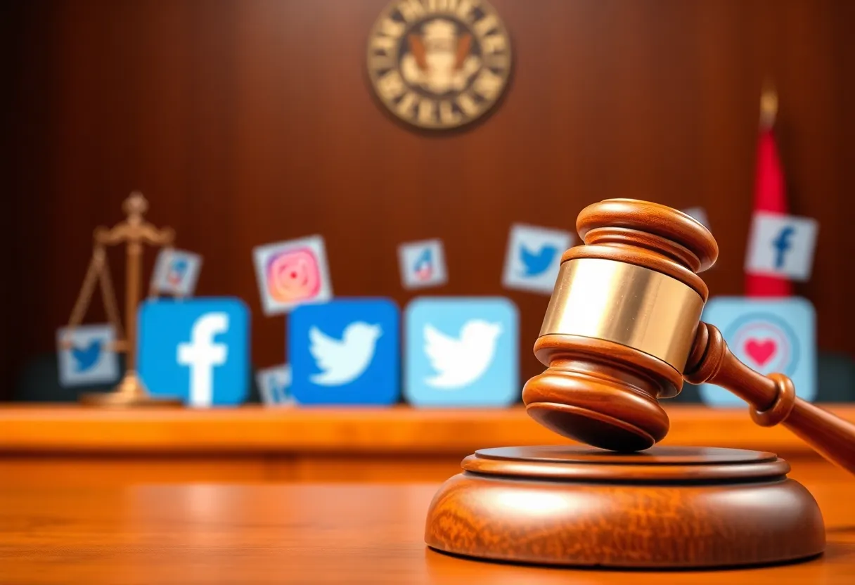 Courtroom scene with gavel and social media icons