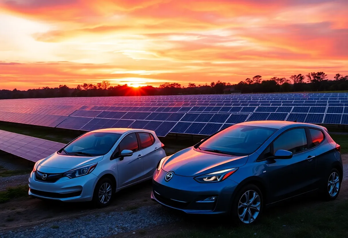 A solar farm in Georgia with electric vehicles, highlighting clean energy initiatives.