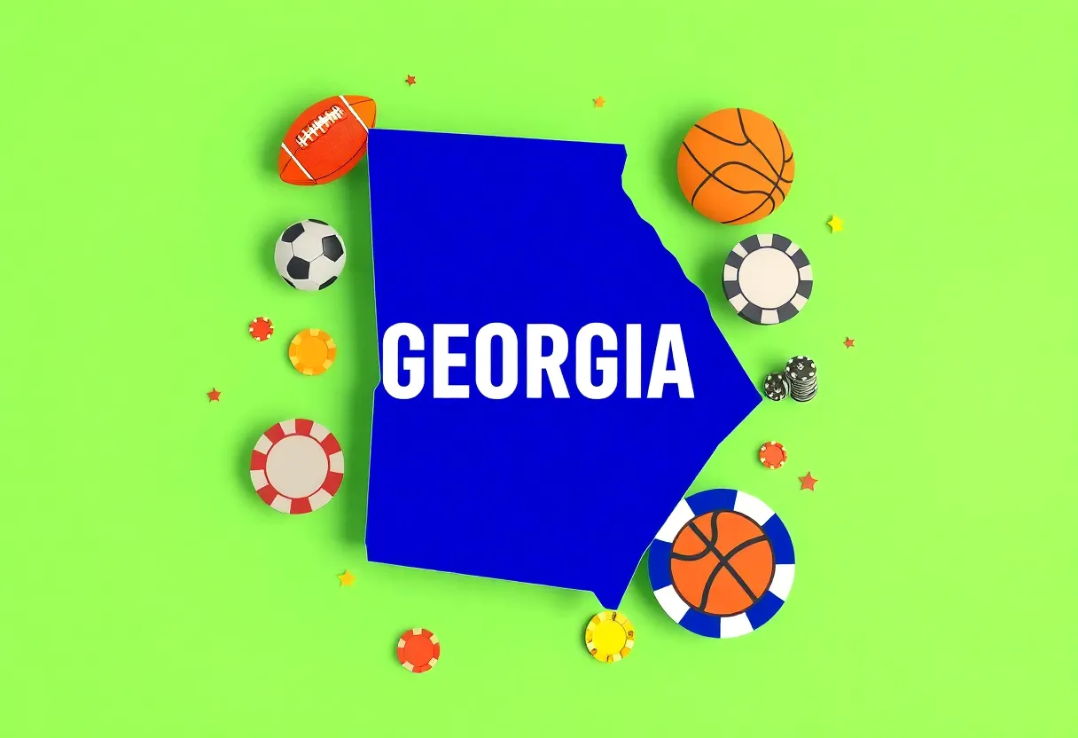 Illustration of Georgia with sports symbols representing the sports betting debate