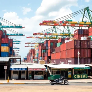 A port in Georgia with shipping containers indicating trade activity and economic concerns related to tariffs.