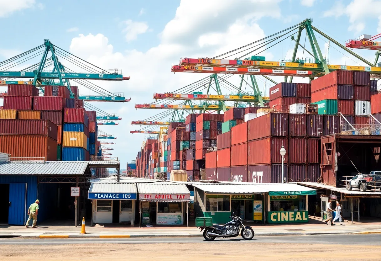 A port in Georgia with shipping containers indicating trade activity and economic concerns related to tariffs.