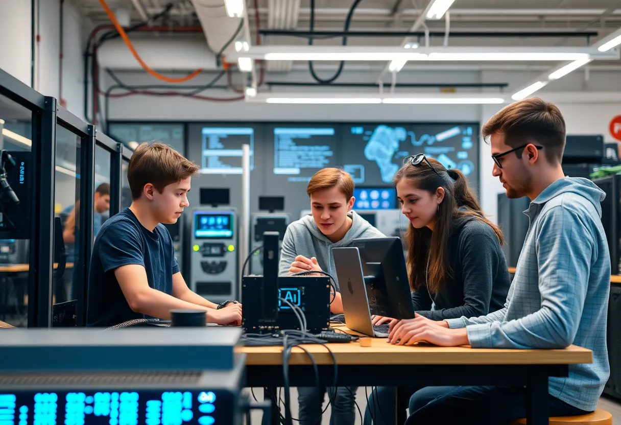Students collaborating in the Georgia Tech AI Makerspace with computers and advanced technology