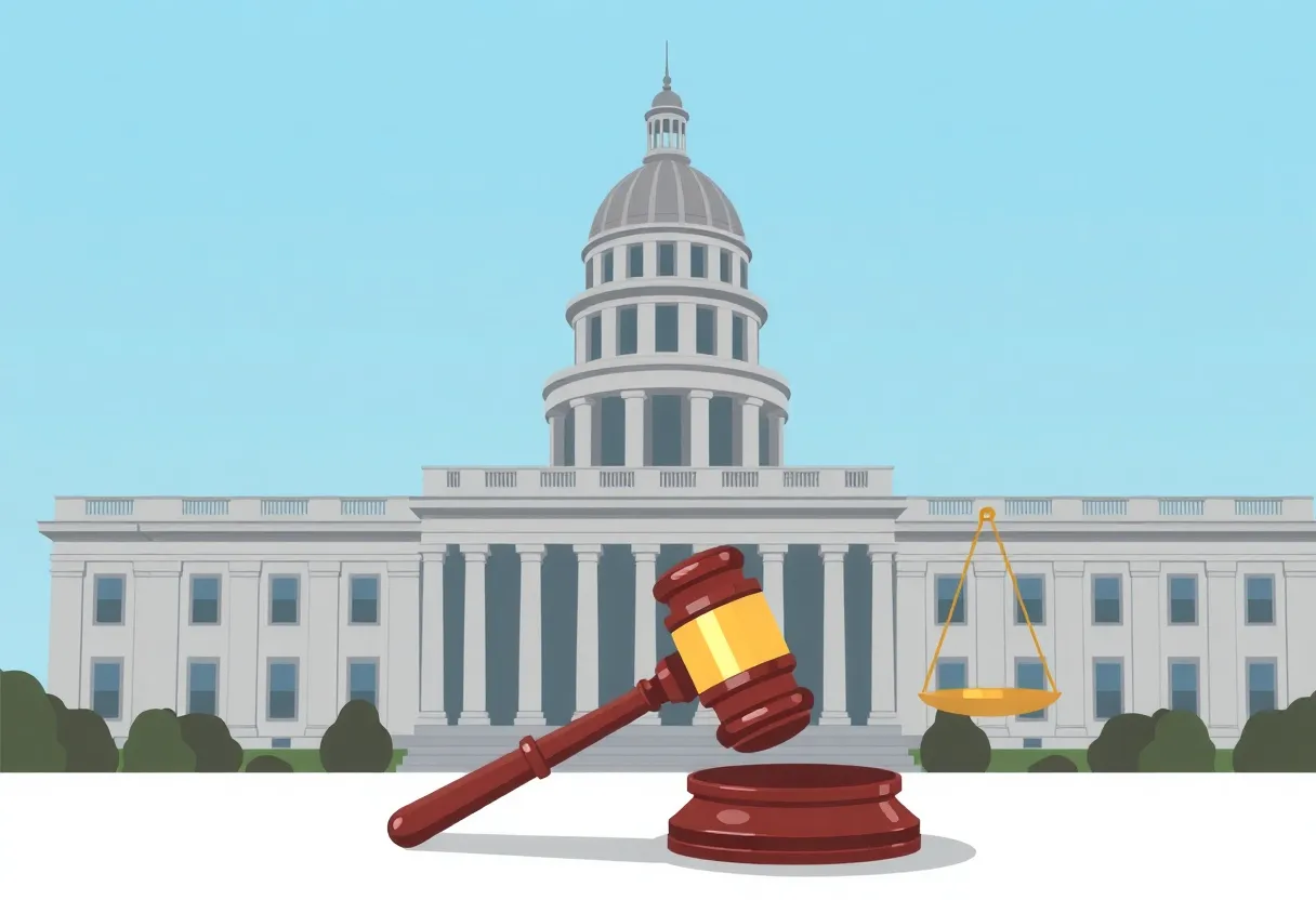Illustration of Georgia state capitol with gavel and scales of justice