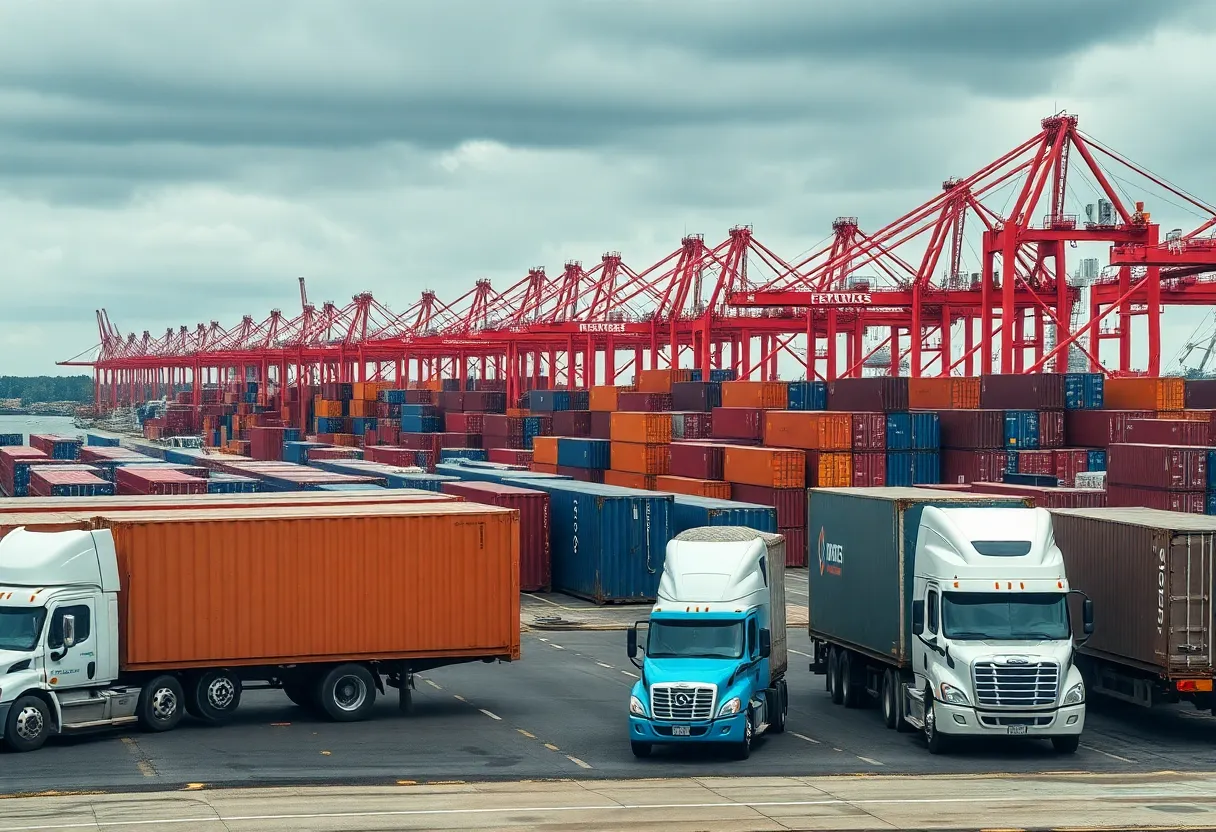 Trucks and cargo containers at a Georgia port indicating trade activity.
