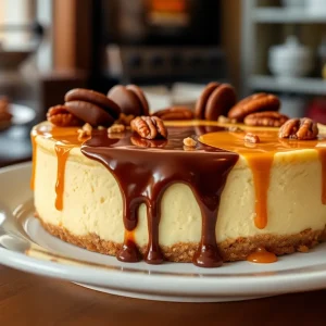 Delicious Georgia Turtle Delight cheesecake with toppings.