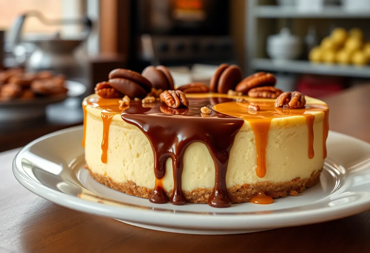 Delicious Georgia Turtle Delight cheesecake with toppings.