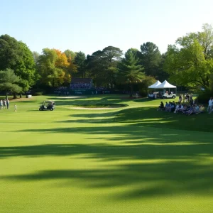 Spectators enjoying a golf tournament at Augusta with vibrant green grass.