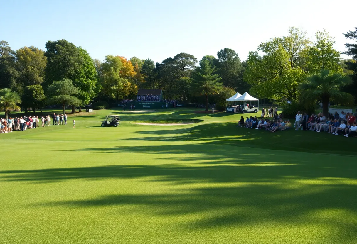 Spectators enjoying a golf tournament at Augusta with vibrant green grass.