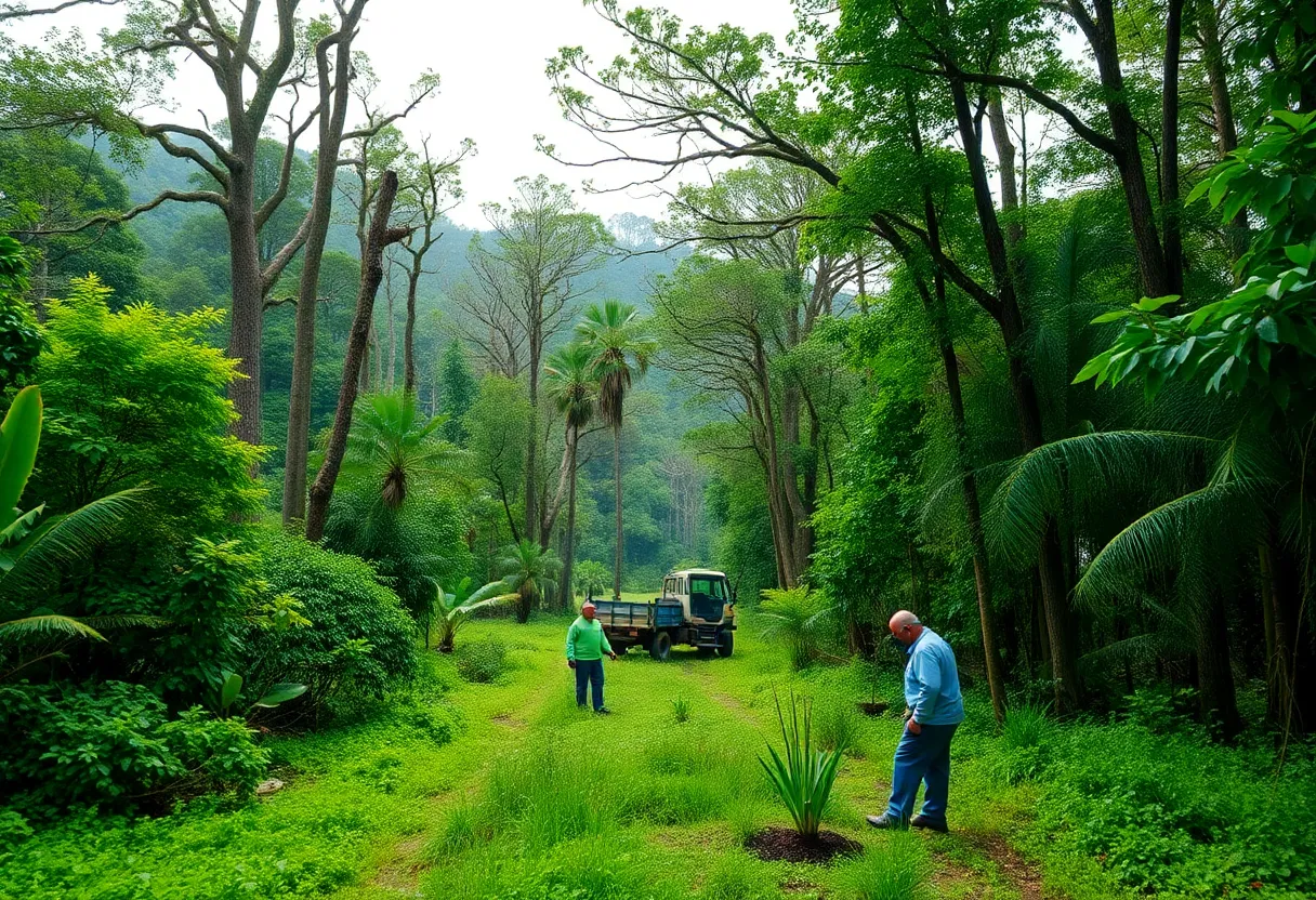 Forest landscape showing hurricane damage and reforestation efforts