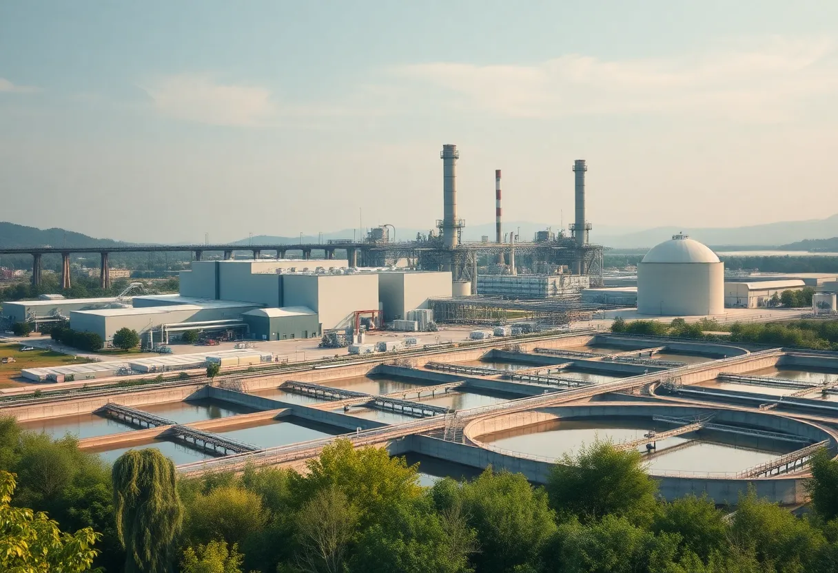 Aerial view of an industrial wastewater treatment facility near a river.