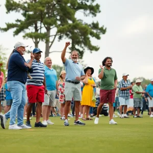 Community members celebrating the legacy of Jim Dent on a golf course.