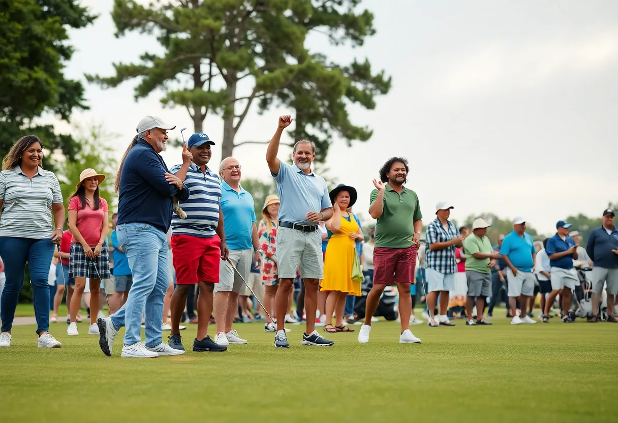 Community members celebrating the legacy of Jim Dent on a golf course.