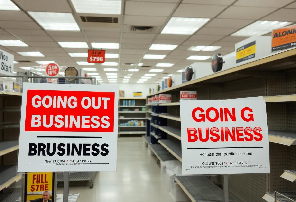 Image of Joann Fabrics store closing signs with empty shelves.