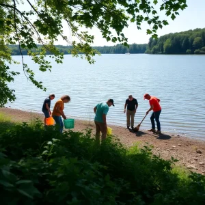 Volunteers participating in National River Cleanup Day at Lake Olmstead