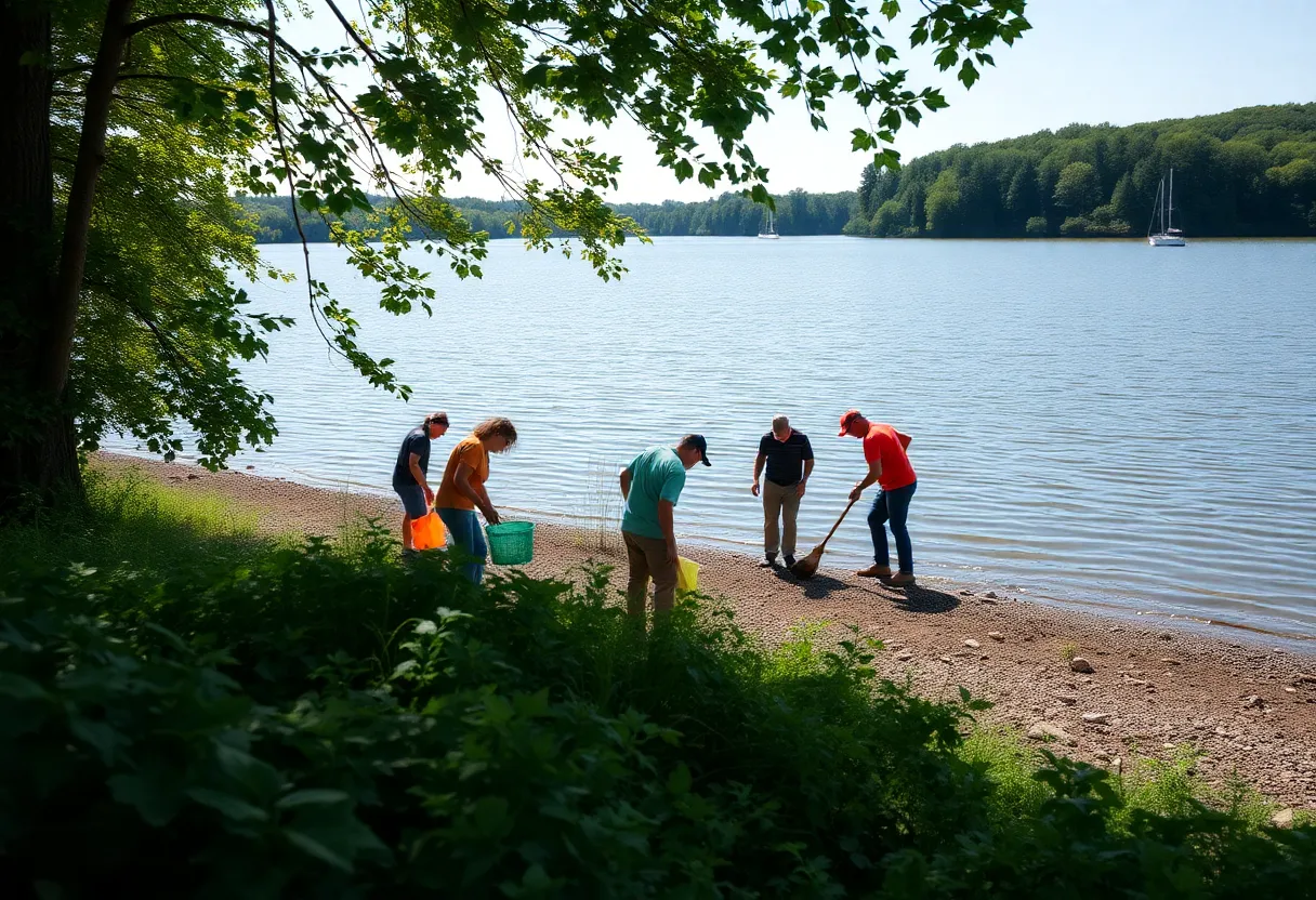 Volunteers participating in National River Cleanup Day at Lake Olmstead