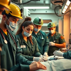 Diverse military medical professionals in an emergency setting