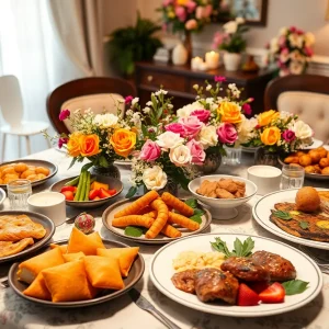 A delightful brunch table set for Mother's Day with an array of dishes.