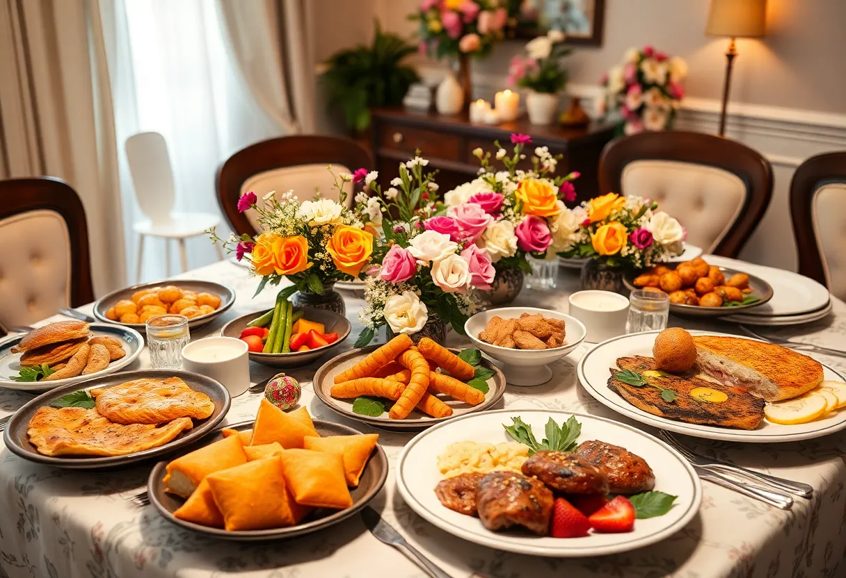 A delightful brunch table set for Mother's Day with an array of dishes.