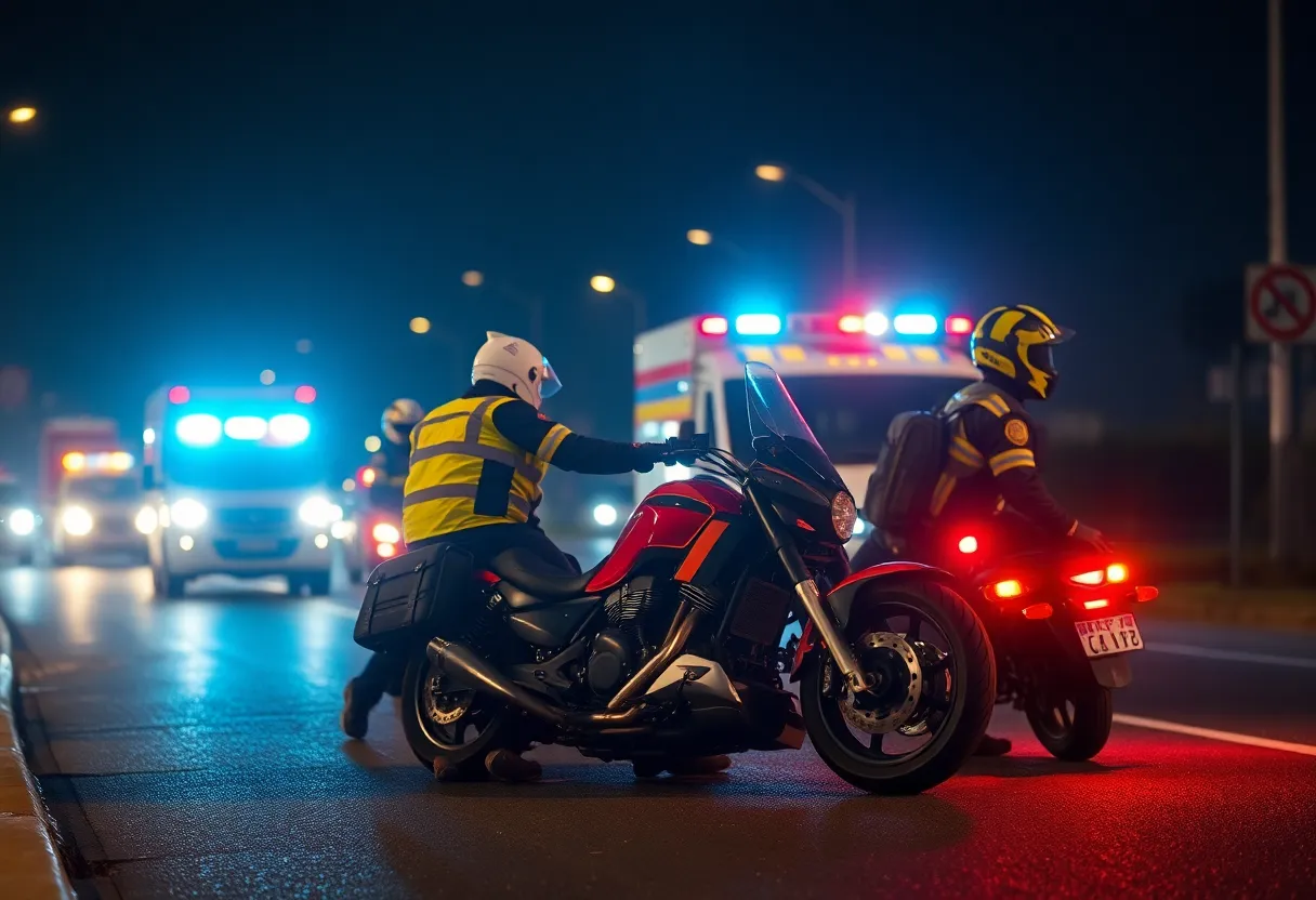 Emergency services responding to a motorcycle accident scene