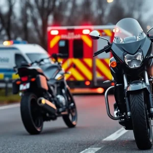 Scene of a motorcycle accident with police lights