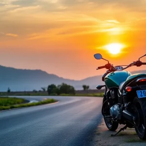 A motorcycle parked beside a sunset-lit road representing motorcycle safety