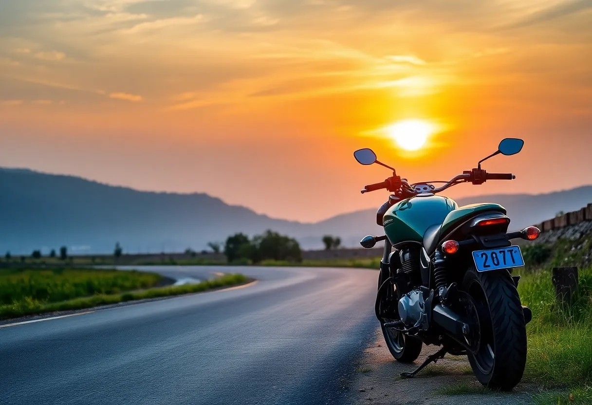 A motorcycle parked beside a sunset-lit road representing motorcycle safety