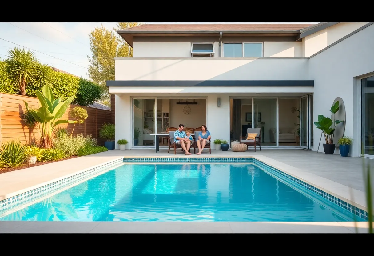 Family enjoying their newly built swimming pool in a backyard