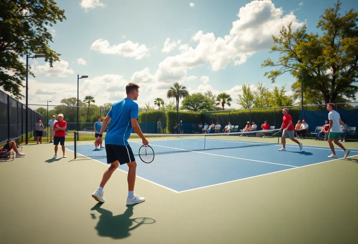 Collegiate tennis match taking place during Peach Belt Conference Tournament