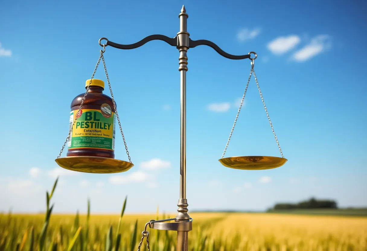 Symbolic representation of pesticide legislation with scales of justice and weedkiller.