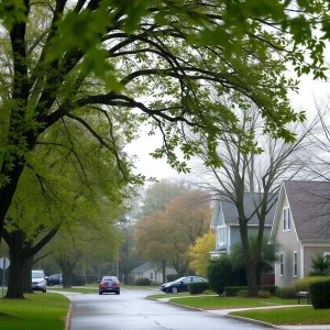 Richmond County landscape depicting community during light rain