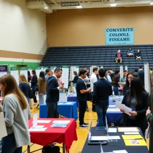 Job seekers at the Richmond County Spring Career Fair in a school gym.