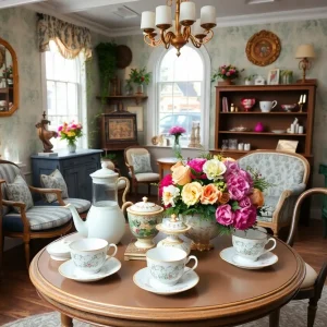 Interior of Royal Tea on Reynolds with vintage furniture and tea sets