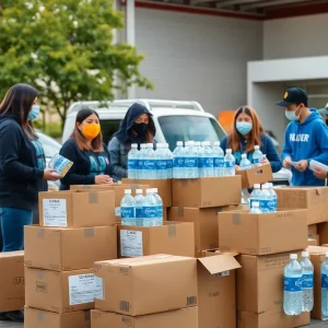 Volunteers at the Salvation Army donation drive collecting essential supplies